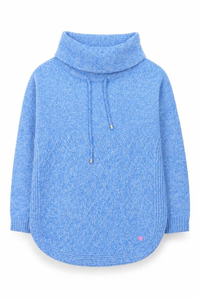 Front view of Country Rose Women Blue Cable Knit Cowl Neck jumper M
