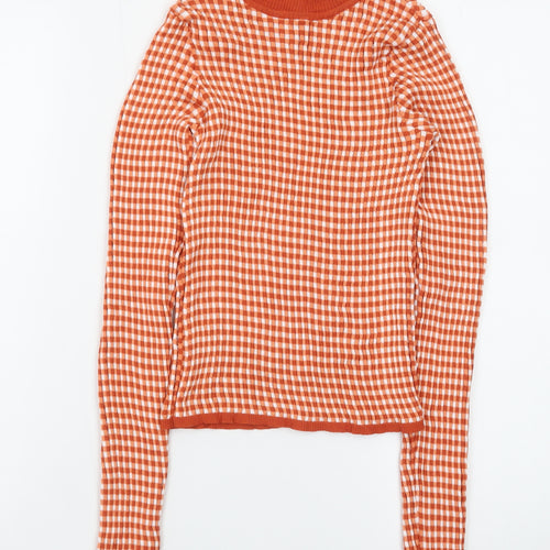 MNG Women’s Orange Gingham Check Roll Neck Cropped Top Size S