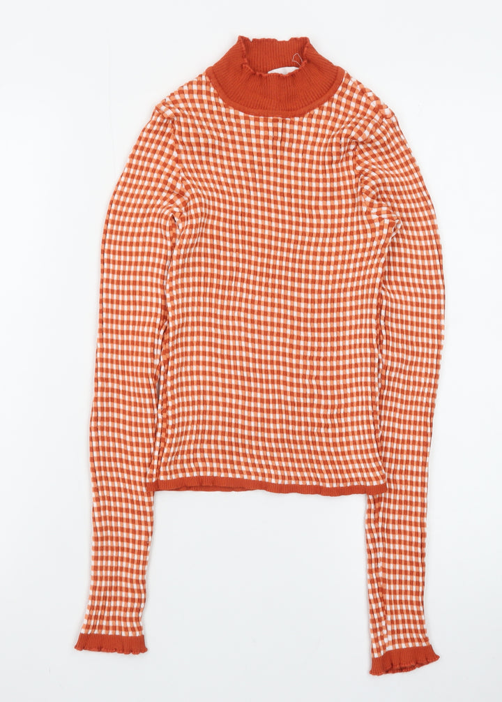 MNG Women’s Orange Gingham Check Roll Neck Cropped Top Size S