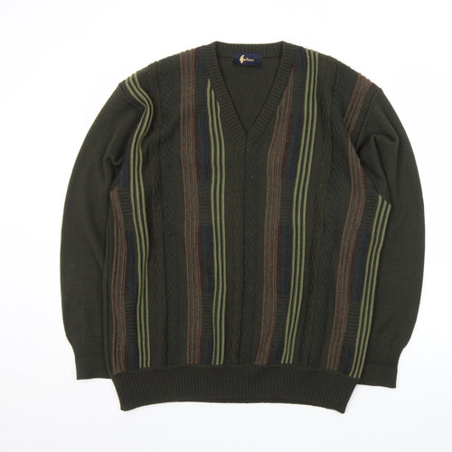 Gabicci Women's Green Striped V-Neck Merino Wool Blend Jumper L