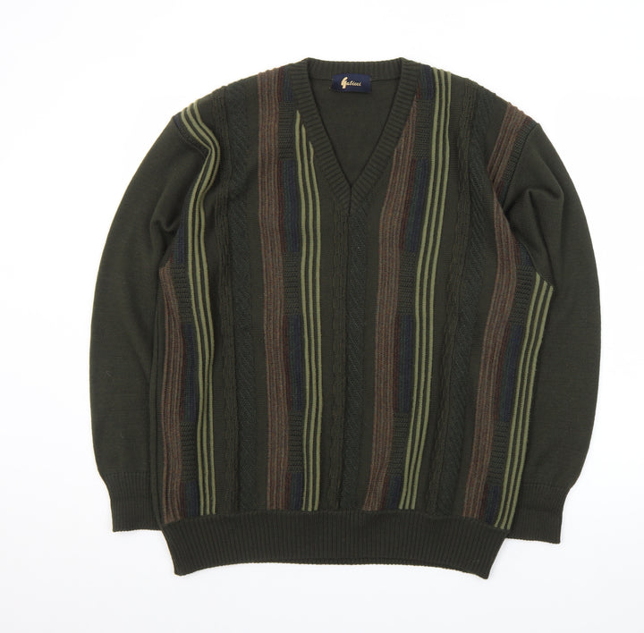 Gabicci Women's Green Striped V-Neck Merino Wool Blend Jumper L