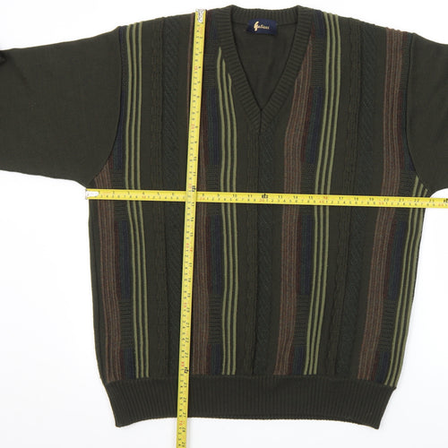 Gabicci Women's Green Striped V-Neck Merino Wool Blend Jumper L