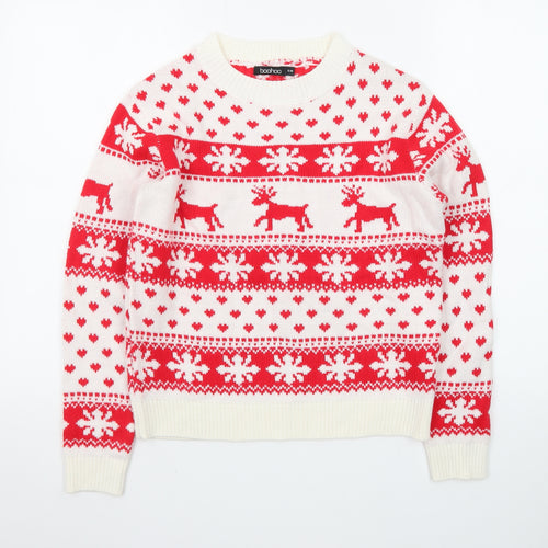 Boohoo Women’s Red Christmas Reindeer Fair Isle Knit Jumper S