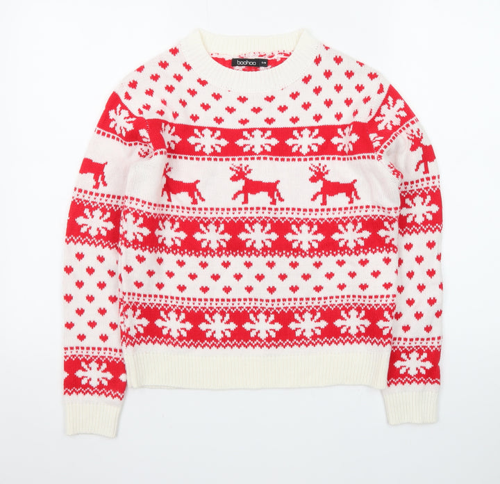 Boohoo Women’s Red Christmas Reindeer Fair Isle Knit Jumper S