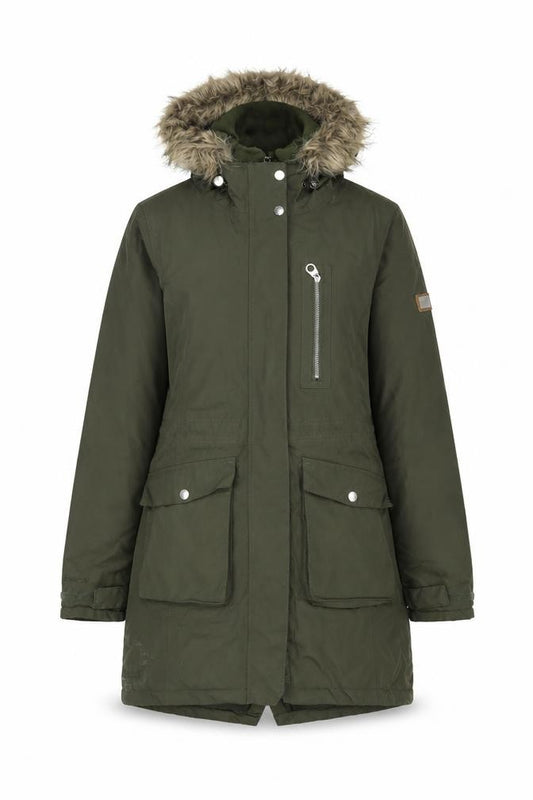 Front view of Regatta women’s green faux fur hooded parka coat, size UK 10