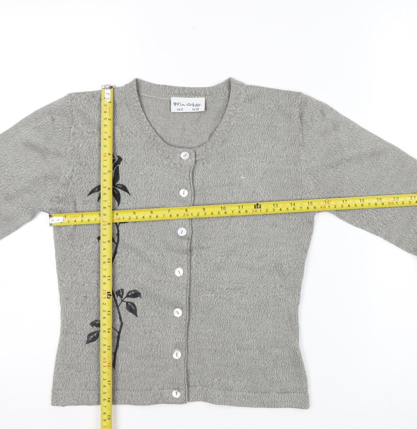 Miss Selfridge Womens Grey Floral Button Cardigan Size 12