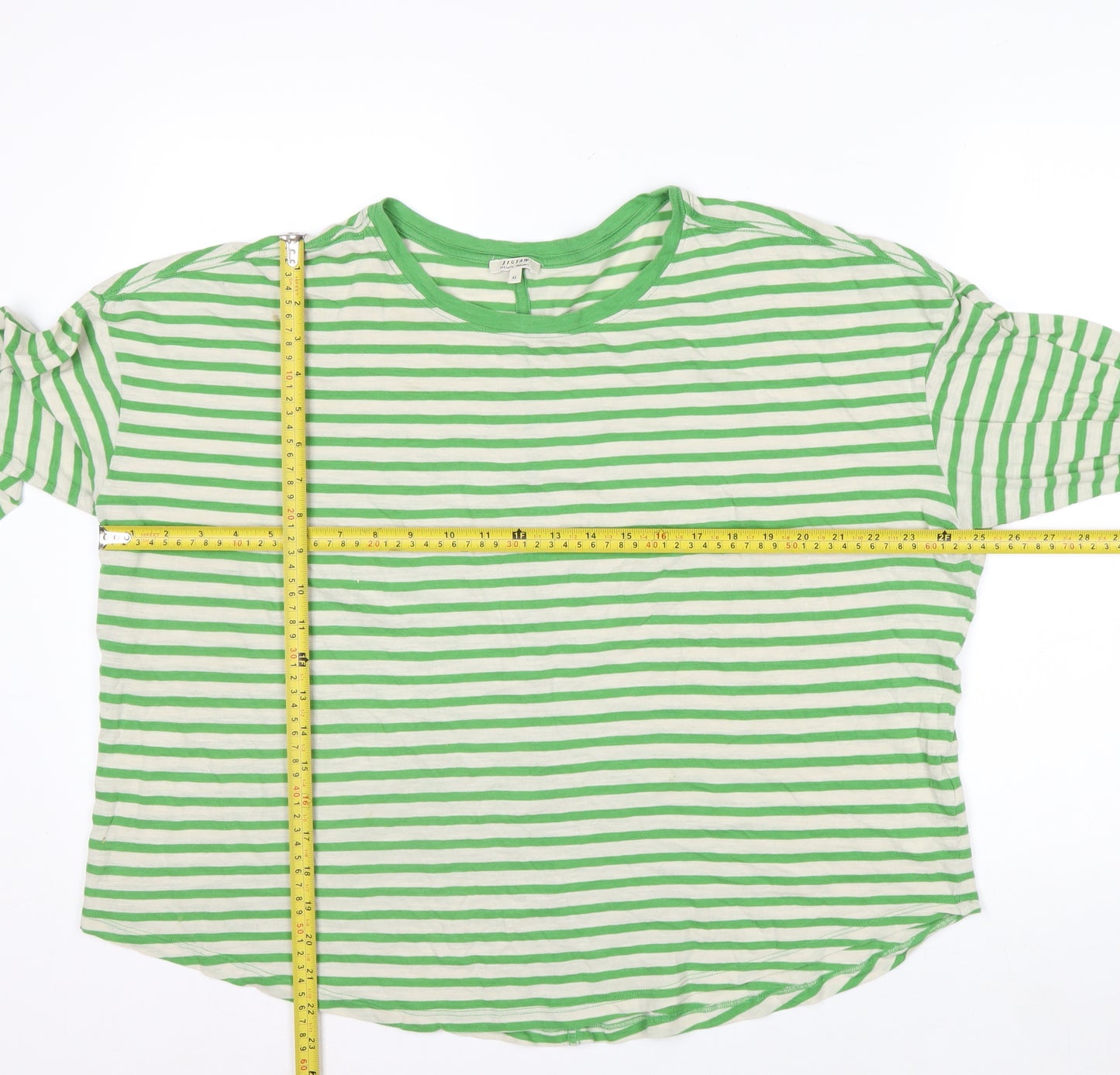 Jigsaw Women Green White Striped Long Sleeve Cotton T-Shirt XL