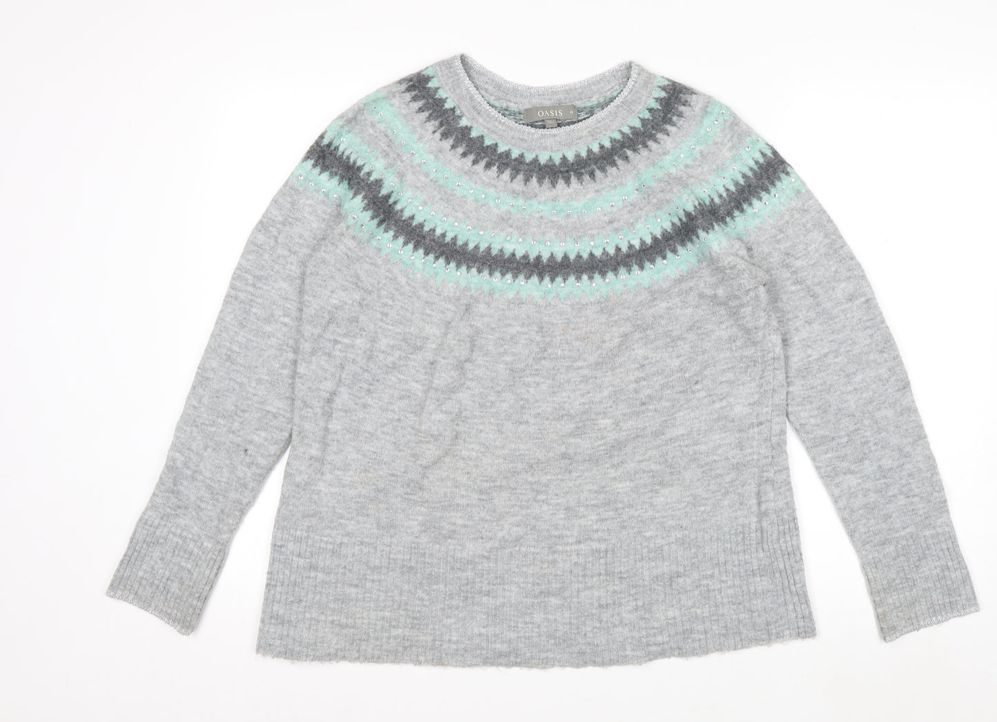 Oasis Womens Grey Fair Isle Rhinestone Knit Jumper Size M