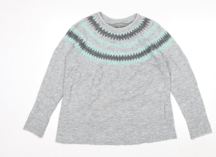 Oasis Womens Grey Fair Isle Rhinestone Knit Jumper Size M