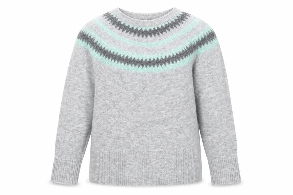 Front view of Oasis women’s grey fair isle rhinestone knit jumper, size M