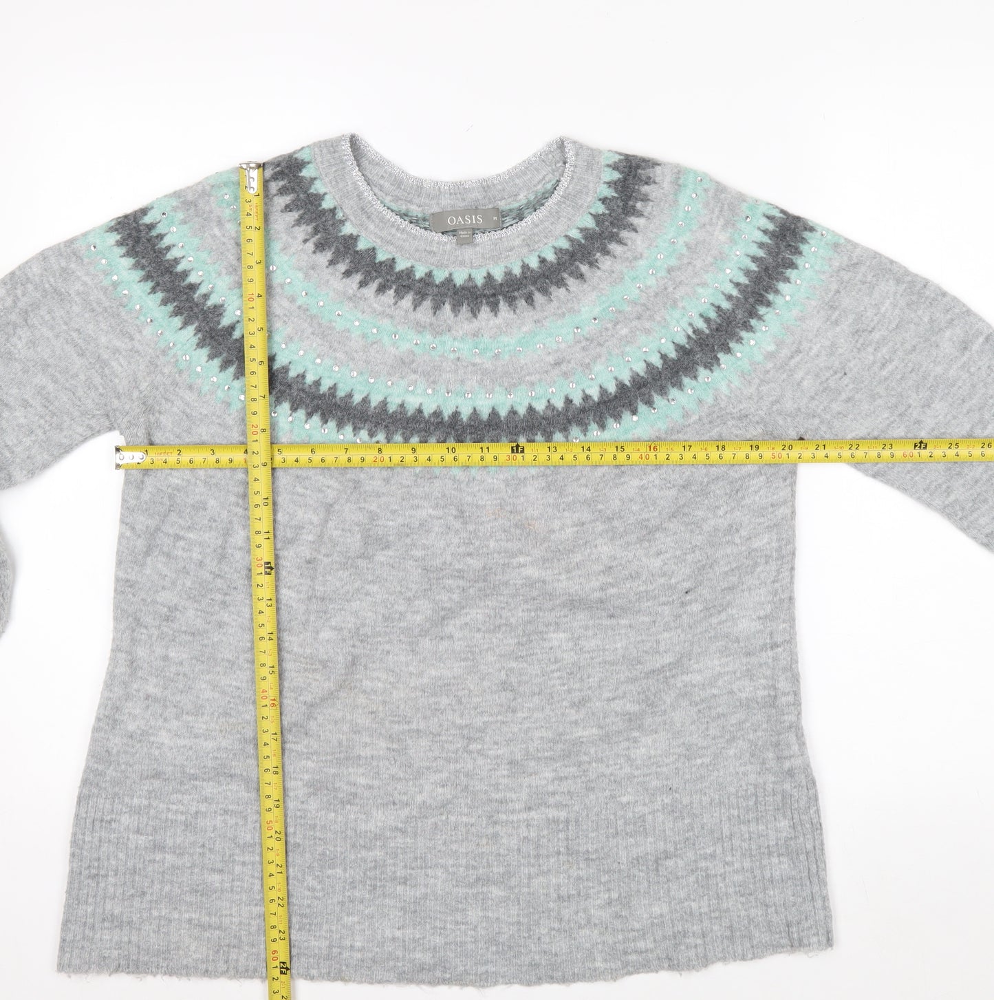 Oasis Womens Grey Fair Isle Rhinestone Knit Jumper Size M