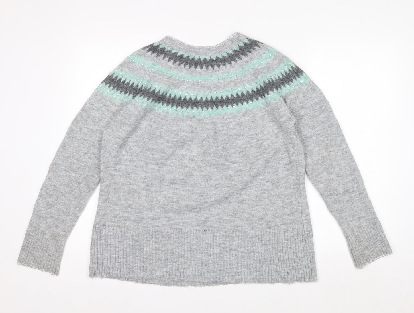 Oasis Womens Grey Fair Isle Rhinestone Knit Jumper Size M