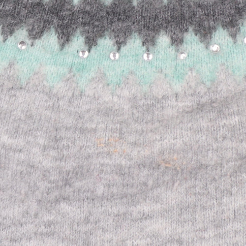Oasis Womens Grey Fair Isle Rhinestone Knit Jumper Size M