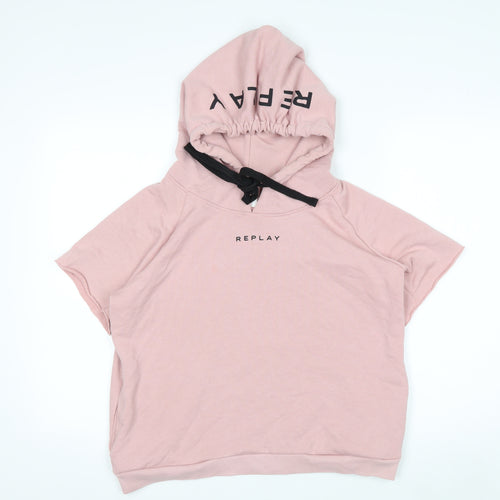 Replay Womens Pink Short Sleeve Hoodie Medium Pullover Cotton Blend