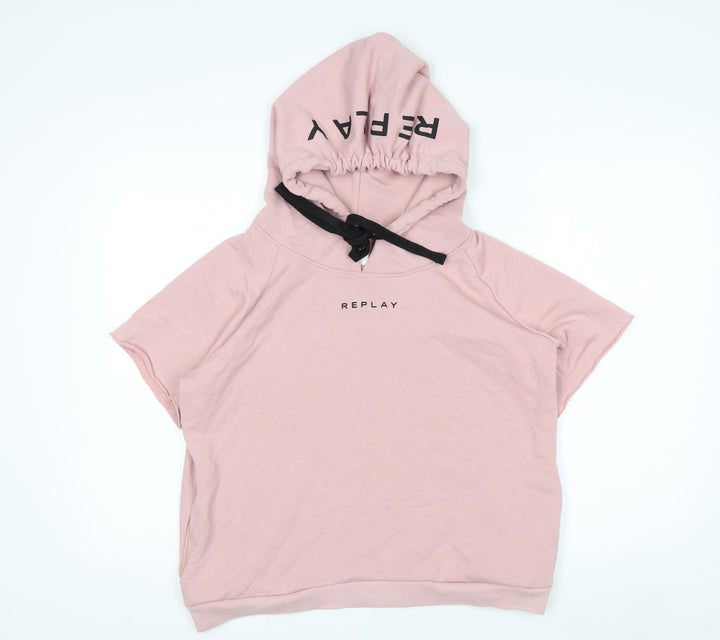 Replay Womens Pink Short Sleeve Hoodie Medium Pullover Cotton Blend