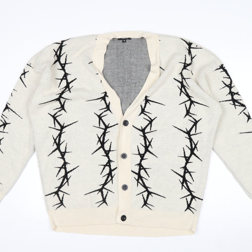 BoohooMAN Men's Beige XS V-Neck Button Cardigan with Graphic Print