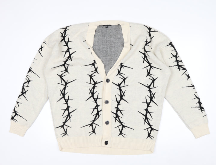 BoohooMAN Men's Beige XS V-Neck Button Cardigan with Graphic Print