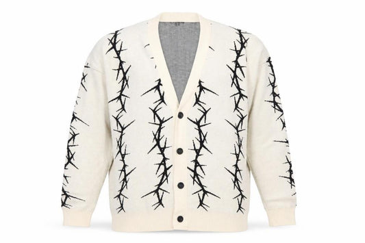 Front view of boohooMAN Men's Beige XS V-Neck Button Cardigan with Graphic Print
