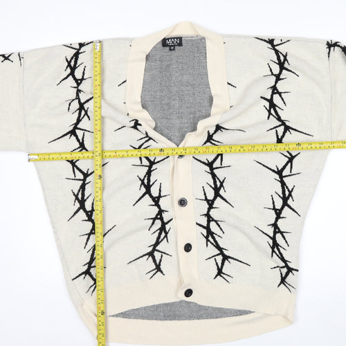 BoohooMAN Men's Beige XS V-Neck Button Cardigan with Graphic Print