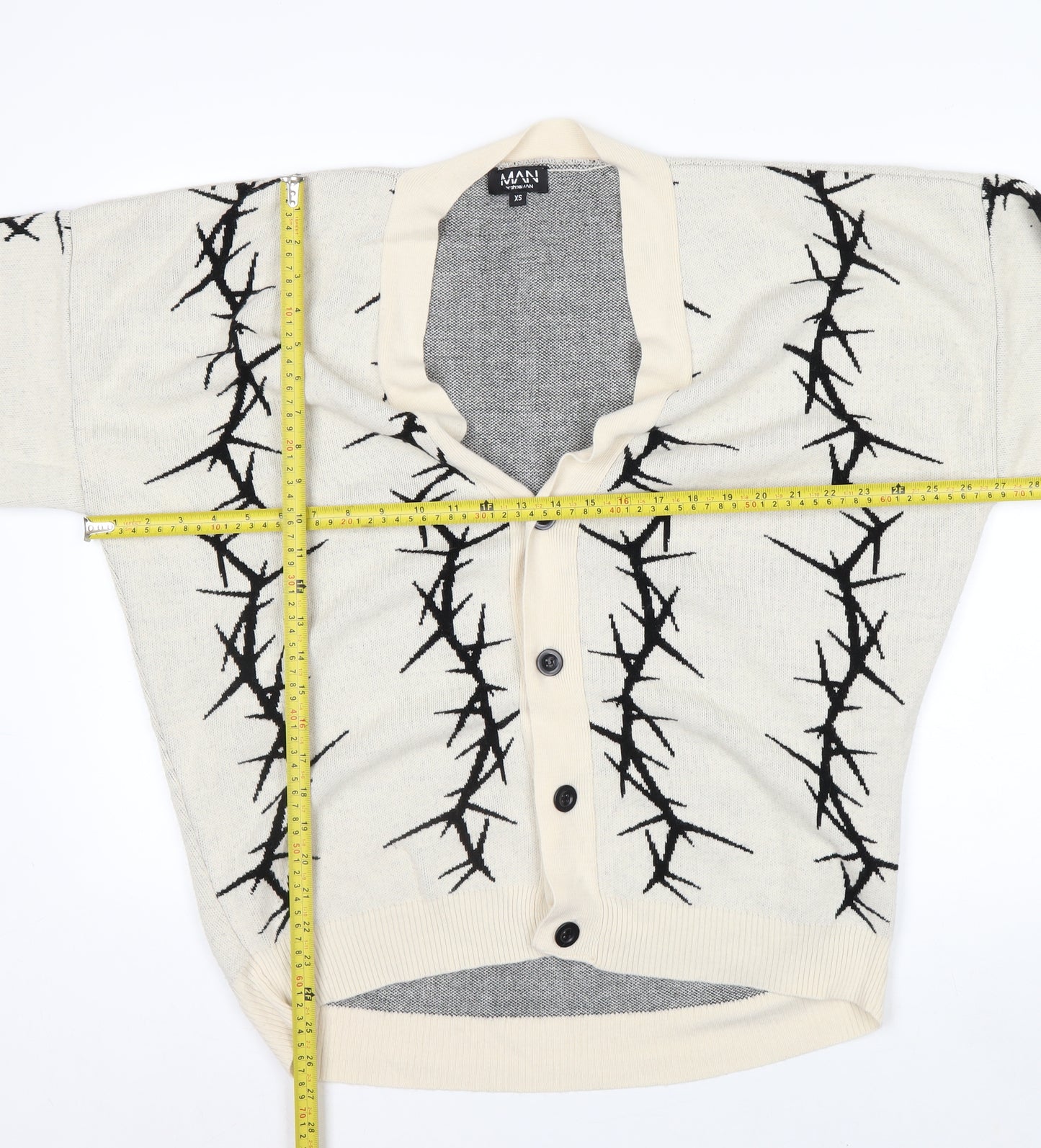 BoohooMAN Men's Beige XS V-Neck Button Cardigan with Graphic Print