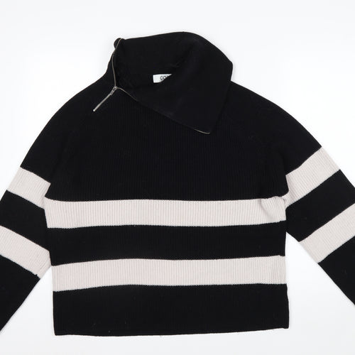 COS Womens Black Striped Wool Blend High Neck Zip Jumper Size 12
