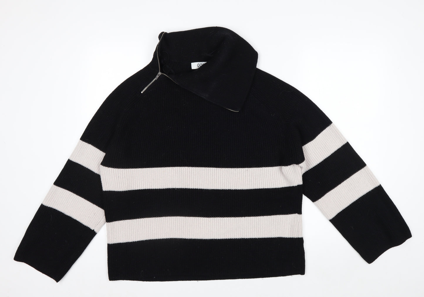 COS Womens Black Striped Wool Blend High Neck Zip Jumper Size 12