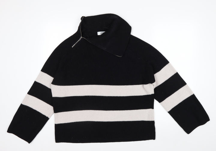 COS Womens Black Striped Wool Blend High Neck Zip Jumper Size 12