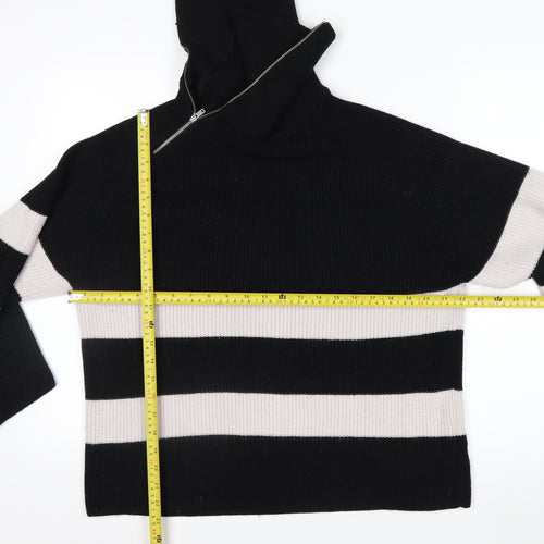 COS Womens Black Striped Wool Blend High Neck Zip Jumper Size 12