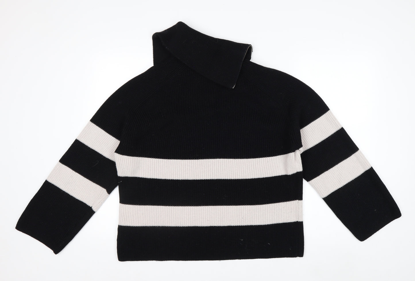 COS Womens Black Striped Wool Blend High Neck Zip Jumper Size 12