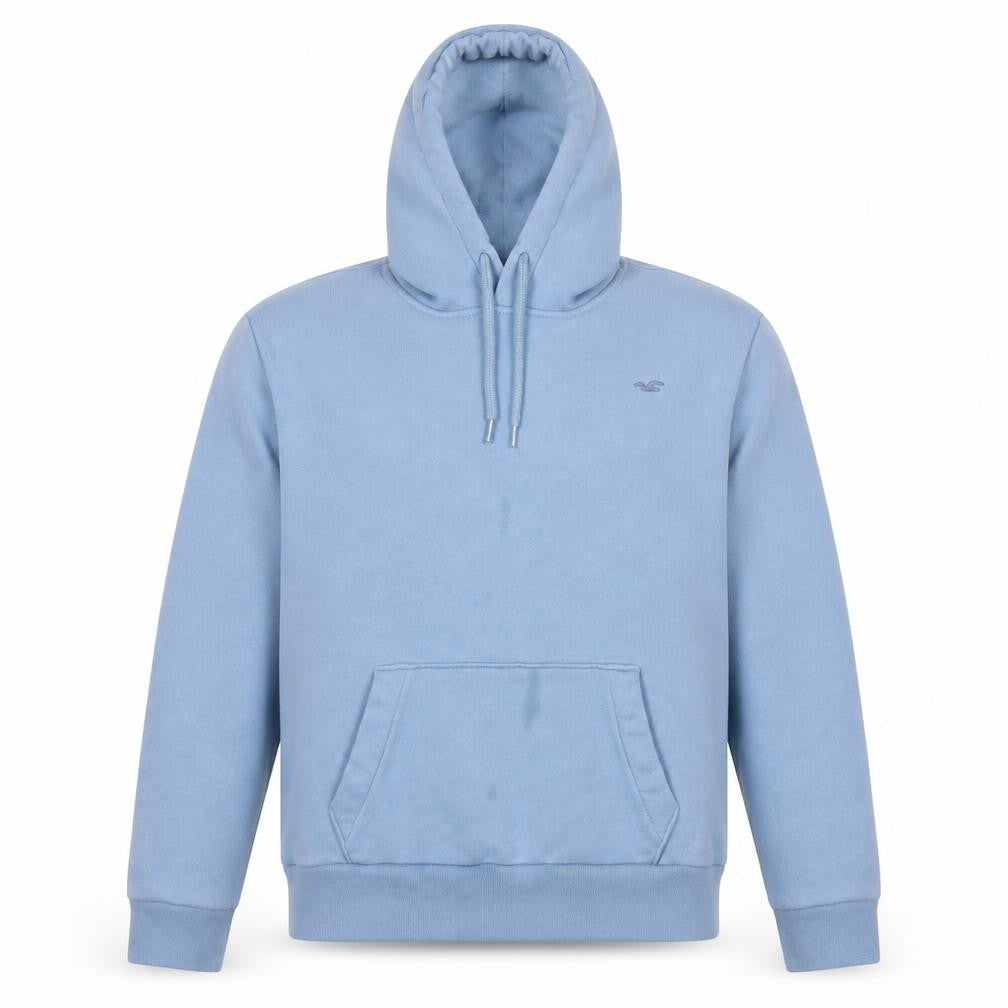 Front view of Hollister Men's Blue Pullover Hoodie Small Fleece Cotton Blend