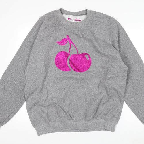 Hey Lola Womens Grey Cherry Graphic Pullover Sweatshirt L