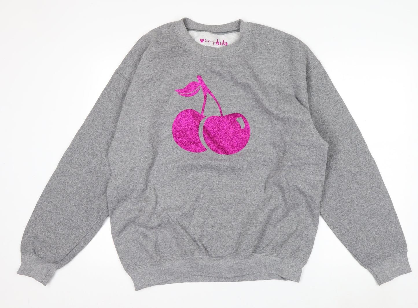 Hey Lola Womens Grey Cherry Graphic Pullover Sweatshirt L