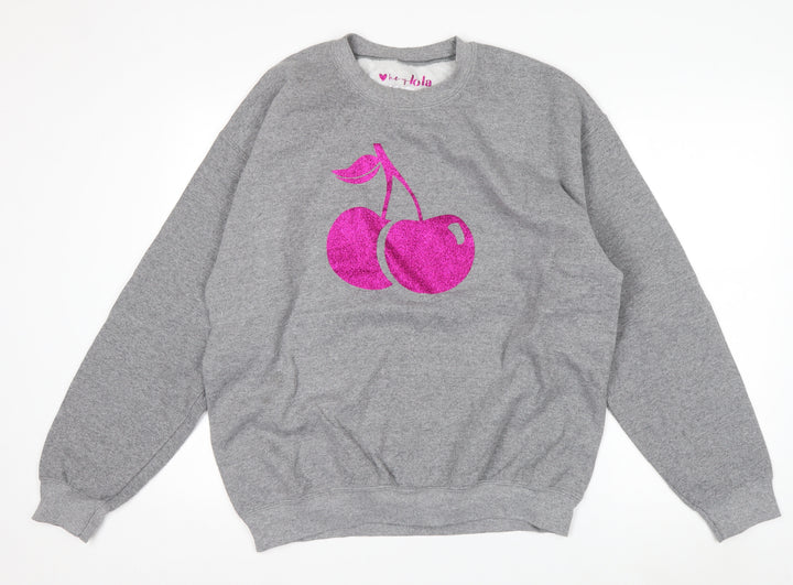 Hey Lola Womens Grey Cherry Graphic Pullover Sweatshirt L