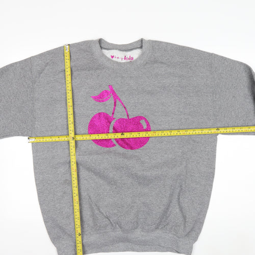 Hey Lola Womens Grey Cherry Graphic Pullover Sweatshirt L