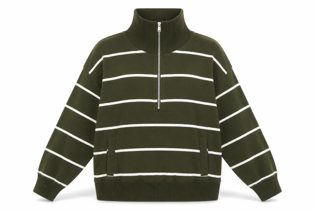 Front view of Marks & Spencer Women’s Green Striped 1/2 Zip Sweatshirt, size M
