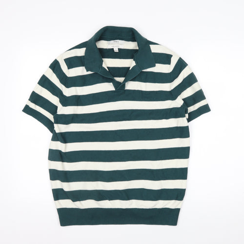 Marks and Spencer Men's Green Striped Cotton Polo Shirt L