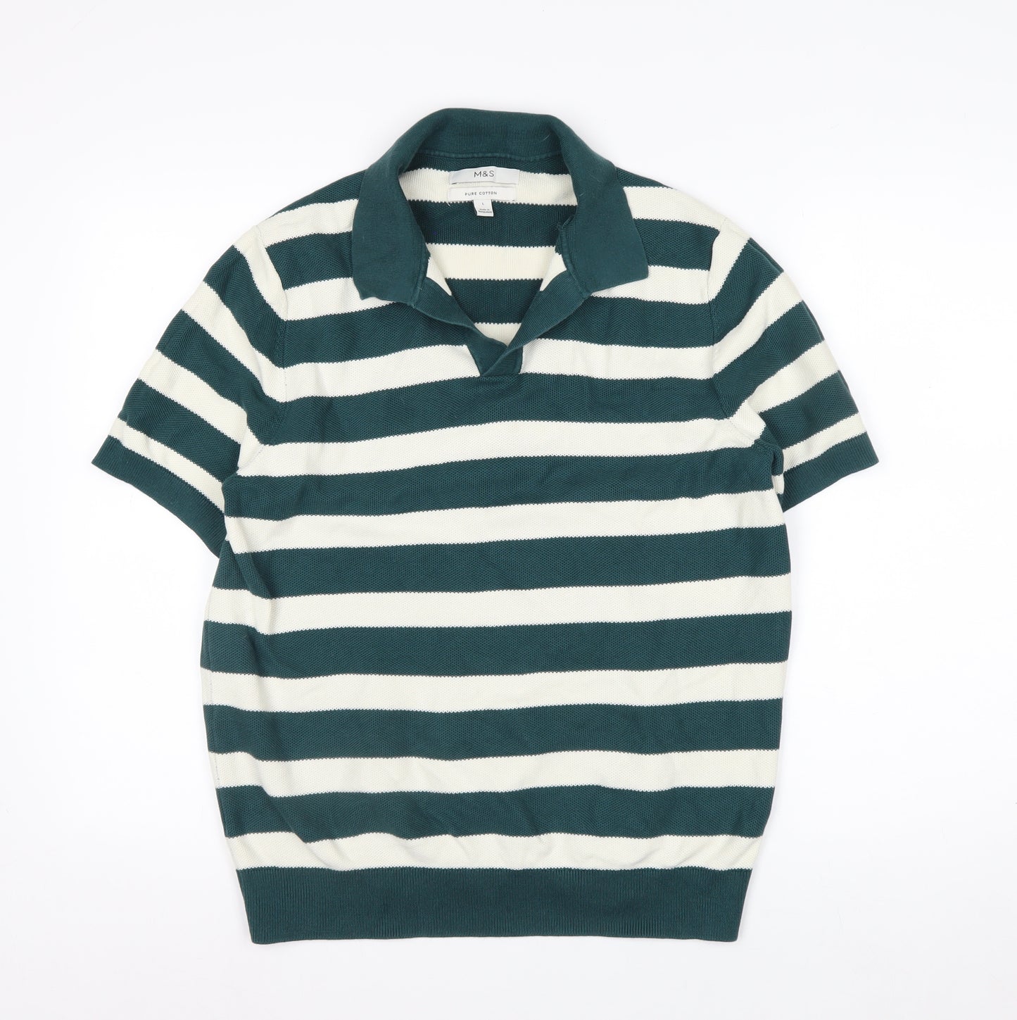Marks and Spencer Men's Green Striped Cotton Polo Shirt L