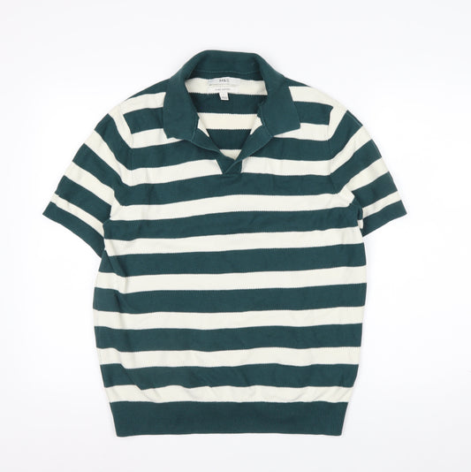 Marks and Spencer Men's Green Striped Cotton Polo Shirt L