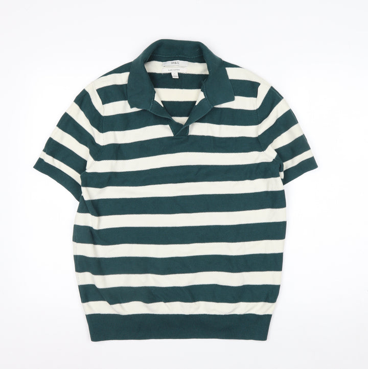 Marks and Spencer Men's Green Striped Cotton Polo Shirt L