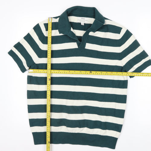 Marks and Spencer Men's Green Striped Cotton Polo Shirt L