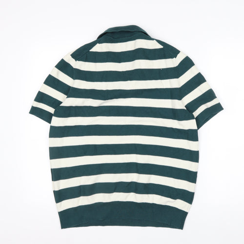 Marks and Spencer Men's Green Striped Cotton Polo Shirt L