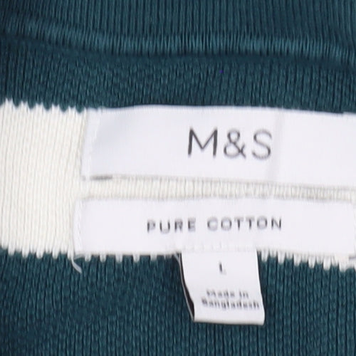 Marks and Spencer Men's Green Striped Cotton Polo Shirt L