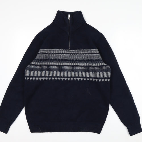 Marks and Spencer Men's Blue Geometric 1/2 Zip Wool Blend Jumper M