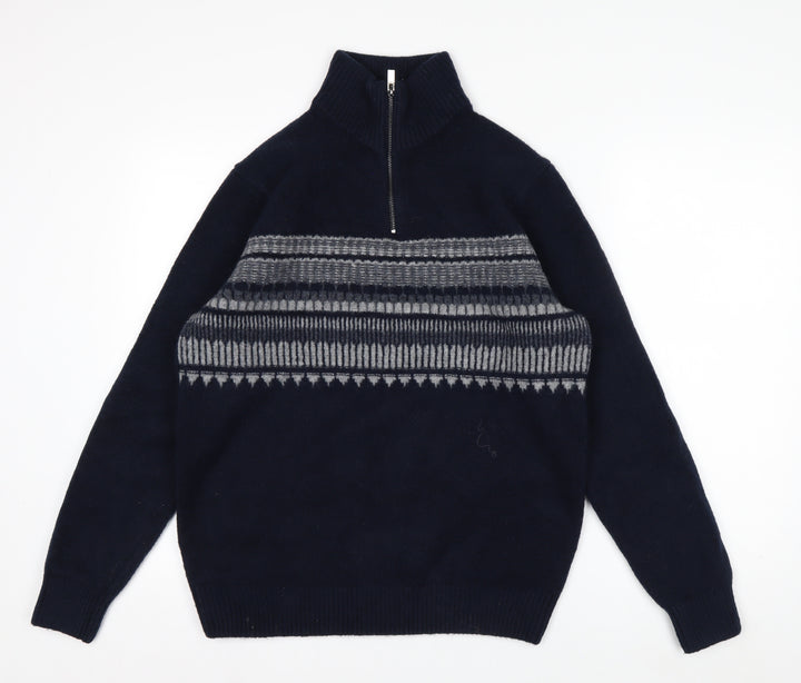 Marks and Spencer Men's Blue Geometric 1/2 Zip Wool Blend Jumper M
