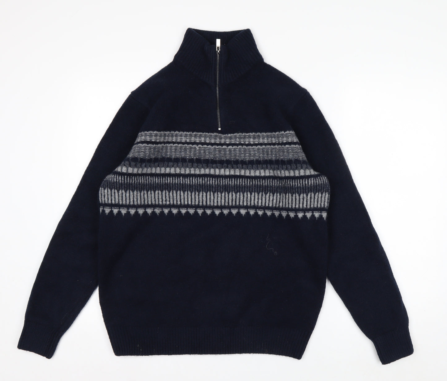 Marks and Spencer Men's Blue Geometric 1/2 Zip Wool Blend Jumper M