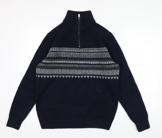 Marks and Spencer Men's Blue Geometric 1/2 Zip Wool Blend Jumper M