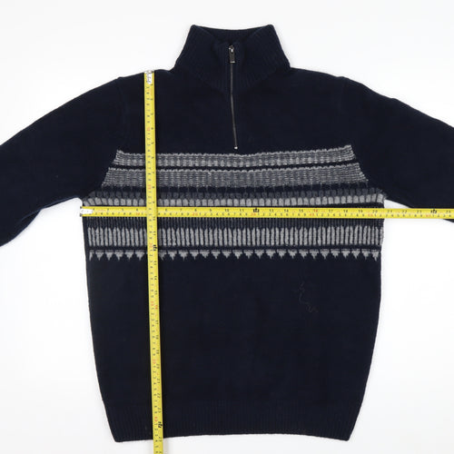 Marks and Spencer Men's Blue Geometric 1/2 Zip Wool Blend Jumper M