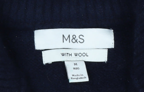 Marks and Spencer Men's Blue Geometric 1/2 Zip Wool Blend Jumper M