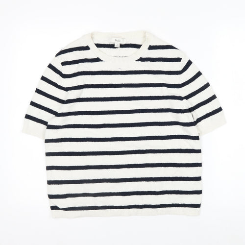 Marks and Spencer Womens White Striped Knit Short Sleeve T-Shirt M