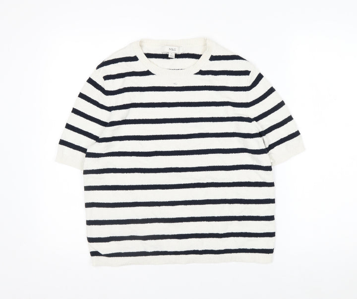 Marks and Spencer Womens White Striped Knit Short Sleeve T-Shirt M